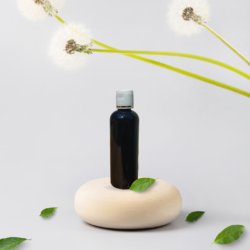 100ML BLACK ROUND BOTTLE WITH WHITE+GOLD RING CAP