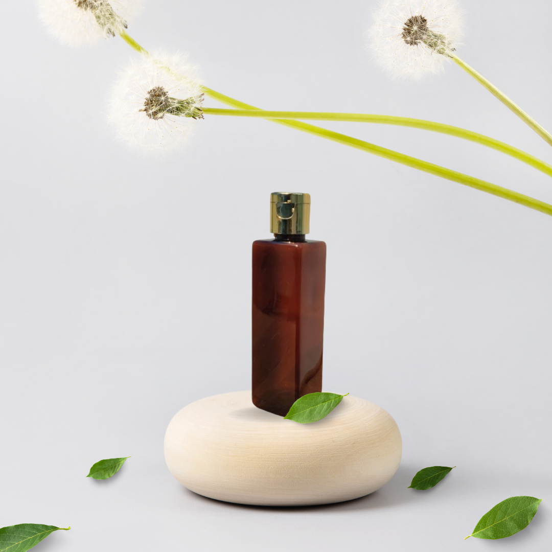 100ML AMBER  SQUARE BOTTLE WITH GOLD METALISEDISED CAP