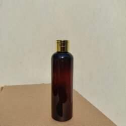 200ML AMBER  ROUND BOTTLE WITH GOLD METALISEDIZED CAP