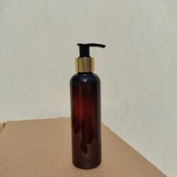 200ML AMBER  ROUND BOTTLE WITH BLACK+GOLD SLEEVE DISPENSER