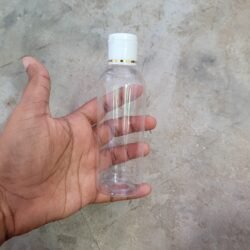 100ML CLEAR ROUND BOTTLE WITH WHITE+GOLD RING CAP